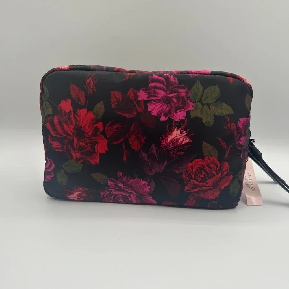 Victoria's Secret Dark Floral Double Zip Cosmetic Bag Travel Pouch NWT